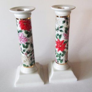 Vintage 7" Christmas Poinsettia Floral Ceramic Candlesticks Candle Holders Set/2